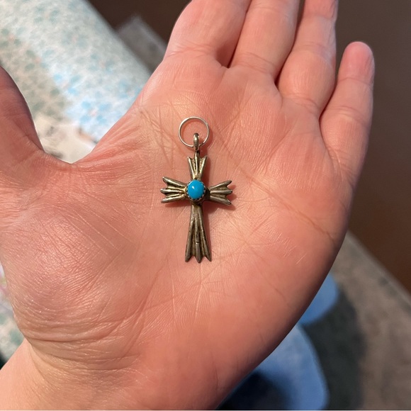 Authentic & Stamped Sterling Silver / Turquoise Cross Pendant - Picture 2 of 3